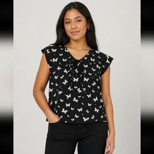 Sheer Butterfly Print Black White Women's Blouse String Tie Detail TALBOTS 8P